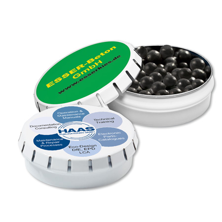 Schwarze Pfefferminz-Perlen in Magic-Dose mit Werbedruck oder Firmenlogo