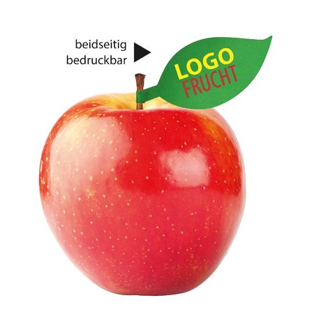 Apfel rot mit Werbedruck auf Apfelblatt oder Firmenlogo, günstig bedrucktes Werbemittel