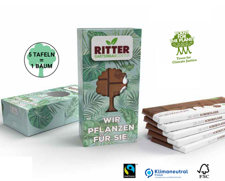  Die Werbekartonage aus FSC ® -zertifiziertem Karton beinhaltet 5 Stück der Guten Schokolade. 5 Tafeln - 1 Baum