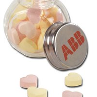 Mini Kugelglas Herzbonbons mit Werbung, Logo