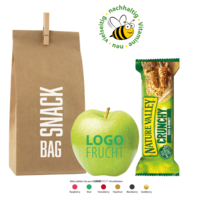 Snack bag mit Power Riegel und LogoApfel bedruckbar mit ihrem Motiv oder Logo als gesundes Werbemittel