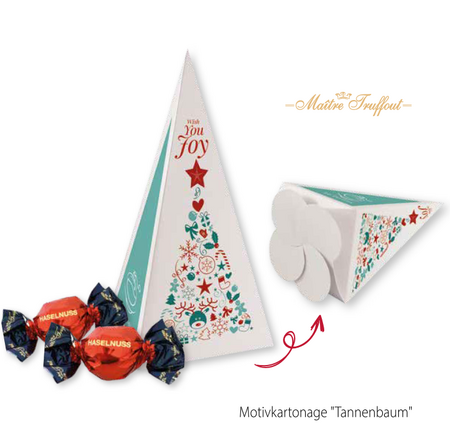 Weihnachtspralinés in Tannenbaum Kartonage individuell bedruckbar