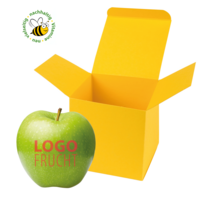 Bedruckbarer LogoApfel grün in indivdiuell gestaltbarer Colorbox als nachhaltiges und gesundes Werbemittel