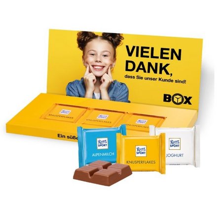 Präsentbox „Business“ mit Ritter SPORT Mini in klimaneutraler Verpackung mit Werbung