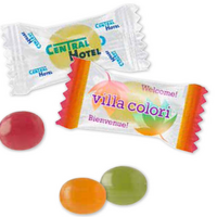 Mini-Bonbons im Flowpack mit Werbung, Logo