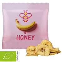Maxi-Tüte mit Bio-Bananenchips oder Apfelecken mit Werbung