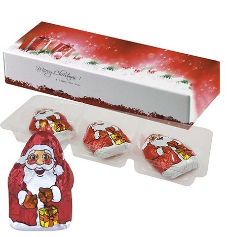 Mini Schoko-Weihnachtsmänner ca. 20g in Faltschachtel mit Werbung