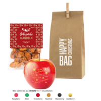 LogoApfel und gebrannte Mandeln in X-Mas Bag, individuell bedruckbar als süßes und gesundes Werbemittel zur Weihnachtszeit