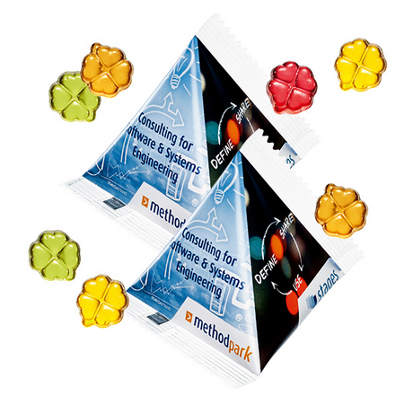 Fruchtgummi-Glücksklee in Werbe-Pyramide 12g mit Logo