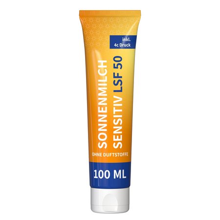 Sonnenmilch sensitiv LSF 50 in 100 ml Tube individuell bedrucken als Werbegeschenk