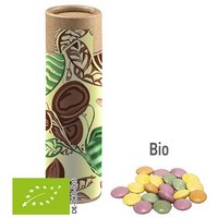 Bunte BIO Schokolinsen ca. 35g Biologisch abbaubare Eco Papprolle mit Werbung