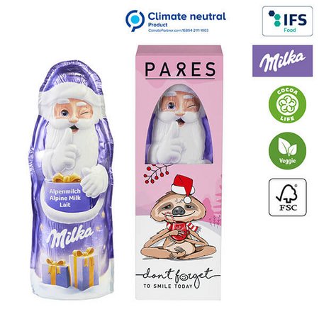 Milka Weihnachtsmann in individuell bedruckter Werbegeschenkbox mit ihrem Logo als nachhaltiges und leckeres Werbemittel