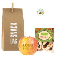 Nachhaltig und gesundes Werbemitel, Logoapfel mit Studenfutter in der Snackbag individuell bedruckbar