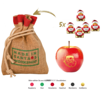 Mini Schoko-Weihnachtsmännern und LogoApfel in bedruckbaren Jutesack als Werbemittel zur Weihnachtszeit