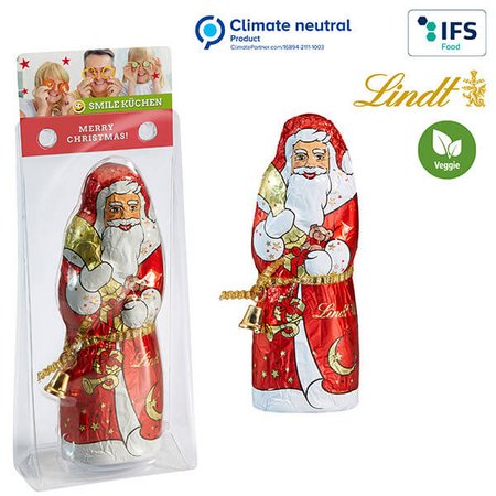 Lindt & Sprüngli Weihnachtsmann im Blister mit Vollmilchschokolade und ihrem Motiv als Werbemittel bedruckt