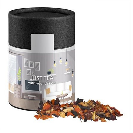 Tee verschiedene Sorten 50-70g in Eco Pappdose Midi schwarz mit Logo