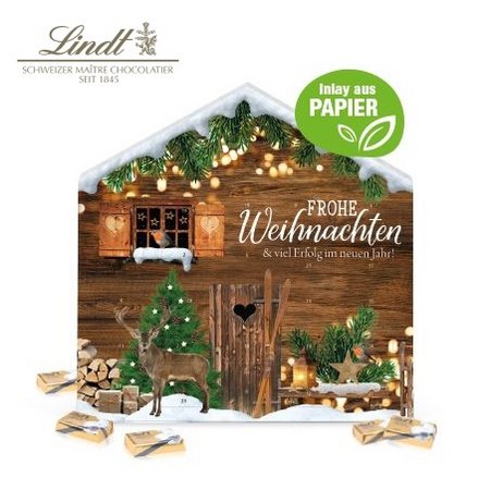 Adventskalender Weihnachtshaus exklusiv Lindt Schokoladentäfelchen mit Logo
