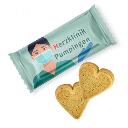 Butter Herzen Keks im Flowpack 7g bedruckt mit Logo
