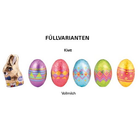 Füllung Klappbox S Klett Schoko-Ei & Sitzhase mit Logo