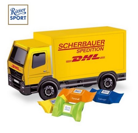 3D Präsent LKW mit Ritter SPORT Schokowürfel mit Logo