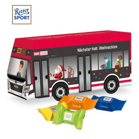 3D Präsent Bus mit Ritter SPORT Schokowürfel mit Logo