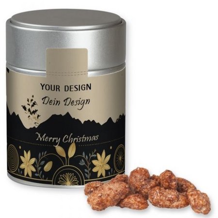 Feuergebrannte Mandeln (vegan), ca. 100g, Metalldose Midi silber mit Logo