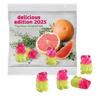 Fruchtgummi Vegane Thymian-Grapefruit Bärchen in kompostierbarer Folie 20g mit Logo
