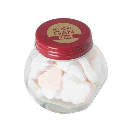 Bonbonglas mini, gefüllt mit ca. 30 gr. Herzbonbons als Werbeartikel