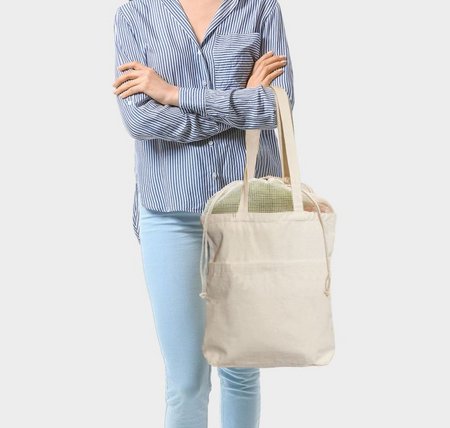 Canvas-Tasche BRISBANE 38 x 42 cm mit Netz-Einsatz, Kordelzug und langen Henkeln mit eigener Werbung