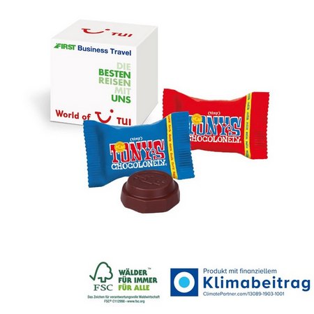 Werbewürfel mit süßer Füllung Tiny Tony´s Schokolade mit Logo