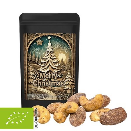 Bio Zimt-Mandel Vanille-Cashew Mix ca. 30g im Standbeutel Mini schwarz mit Logo