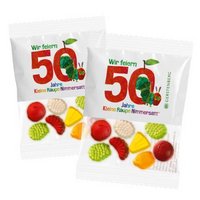 Fruchtgummi-Fruchtsalat in kompostierbarer Werbetüte 10g bedruckt mit eigenem Logo