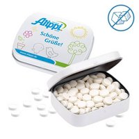 Klappdeckeldose 20g zuckerfreie Pfefferminzdragees bedruckt mit Logo