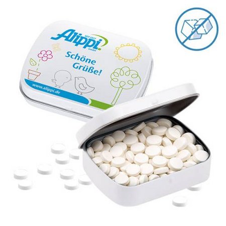 Klappdeckeldose 20g zuckerfreie Pfefferminzdragees bedruckt mit Logo