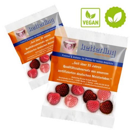 Fruchtgummis Rote Früchte vergan in kompostierbarer Folie ca. 14g bedruckt mit Logo