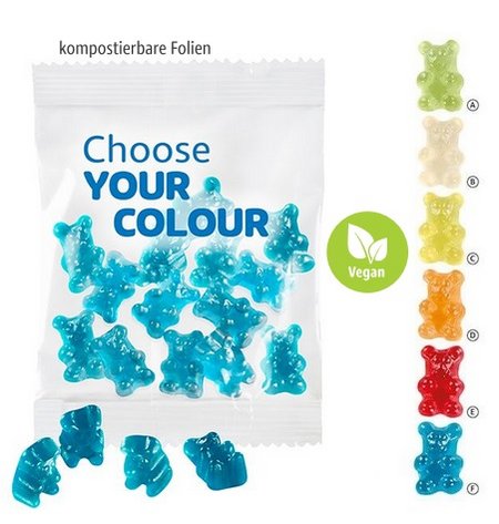 VEGANE 1-farbige Premium-Bärchen kompostierbare Folie 15g mit Logo