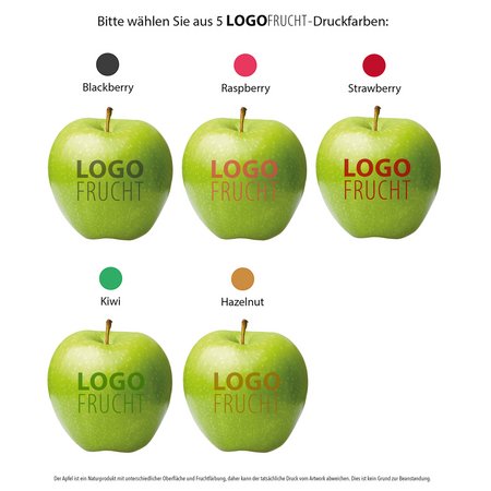 Logo Apfel grün mit Werbedruck und Logo