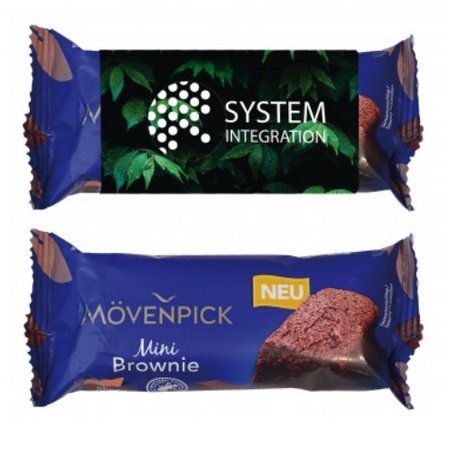 Mövenpick-Brownie im Werbeschuber mit Logo