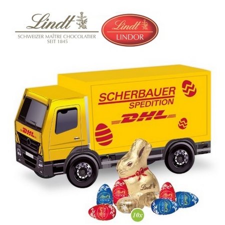 3D Präsent LKW Ostern mit Schokoladenmischung von Lindt mit Logo