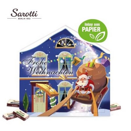 Adventskalender Weihnachtshaus exklusiv Sarotti Fairtrade Schokolade mit Logo