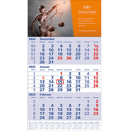 3 Monatskalender Standard 1 plus 1-sprachig mit Werbung