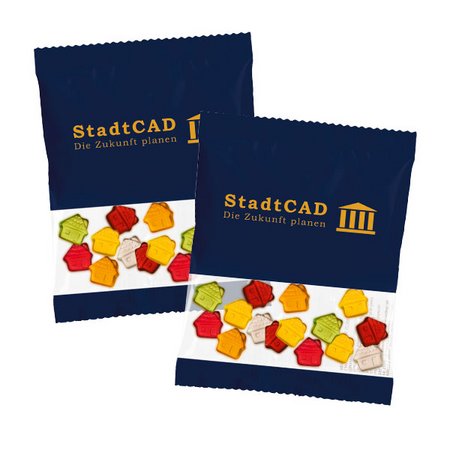 Fruchtgummi-Werbetütchen 50g Haus bedruckt mit Logo
