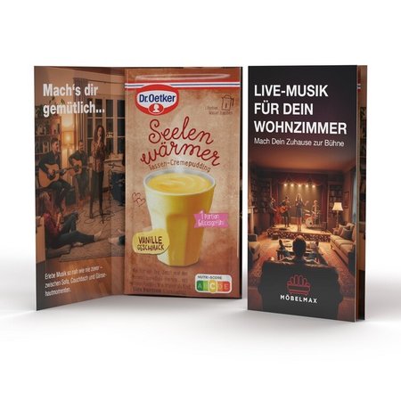 Dr. Oetker Tassenpudding in Werbeklappkarte bedruckt mit Logo