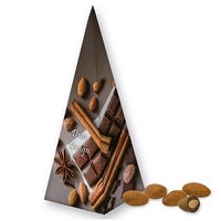 Schokomandeln mit Zimt 30g in Präsent-Pyramide mit Werbung oder Logo