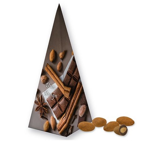 Schokomandeln mit Zimt 30g in Präsent-Pyramide mit Werbung oder Logo