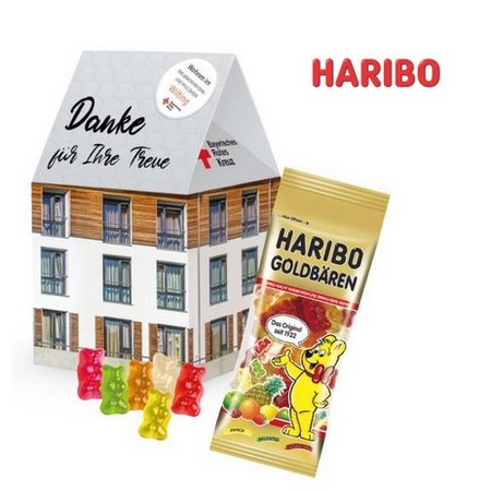 3D Präsent Haus mit Haribo Goldbären mit Logo