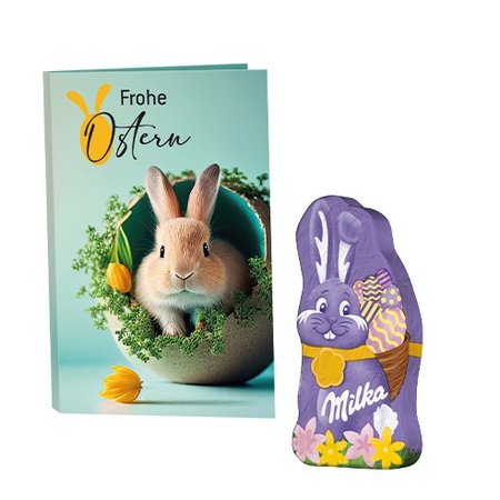 Werbekarte Visitenkartenformat Milka Mini Schmunzelhase mit Logo