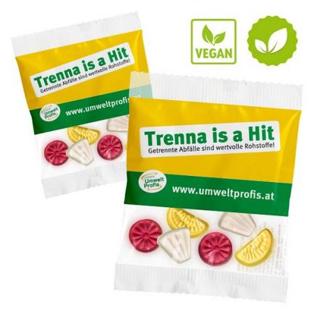 Vegane Fruchtgummis Exotic-Früchte in kompostierbare Kompakt-Werbetüte ca. 20g bedruckt mit Logo