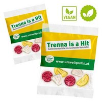 Vegane Fruchtgummis Exotic-Früchte in kompostierbare Kompakt-Werbetüte ca. 20g bedruckt mit Logo