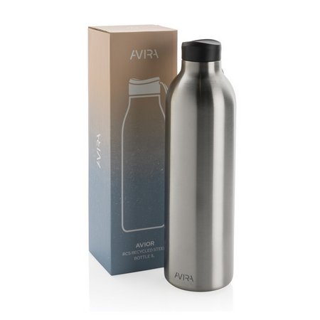 Silberne Avira Avior RCS recycelte Stainless-Steel Flasche 1L mit Logo